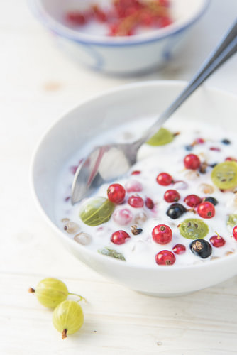 frische Johannisbeeren und Stachelbeeren mit Naturjoghurt in einer Schale, gesundes Sommerfrühstück 