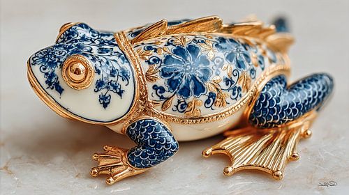 kikker in delfts blauw en goud op een wit marmeren achtergrond