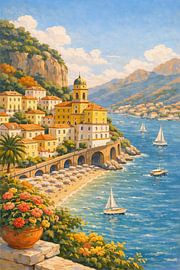 Mediterranean Coastal Town with Sailboats and Sunlight by Dodik Hariyono