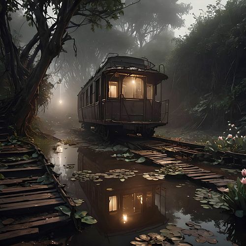 Parked railway carriage, illuminated