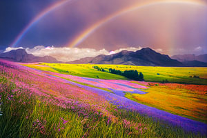 Regenbogen über einer Frühlings Landschaft Gemälde Illustration