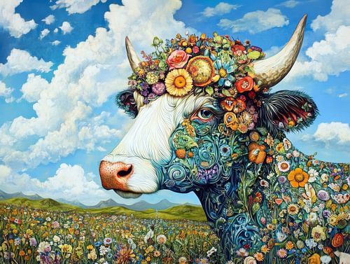 Betoverende bloemenkoe in een kleurrijk veld vol leven