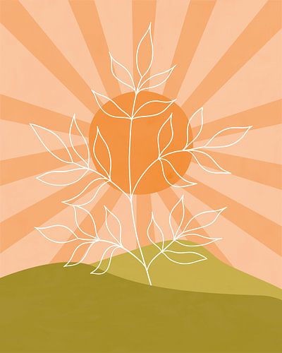 Minimalistisch landschap met een bladplant in de zon