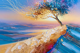 Roze en Turkoois Abstract Schilderij: Vonken die Opstijgen in de Wind van Surreal Media