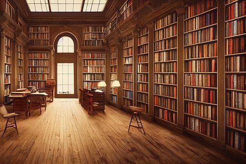 Oud schilderij van een bibliotheek met veel boeken