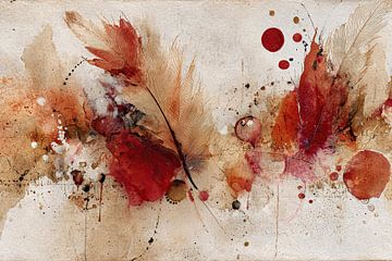 Herfstlicht Schilderij – Abstracte Veren en Verfspatten van Joriali Abstract