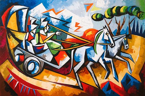 Kleurrijk schilderij met paard en wagen