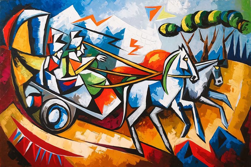 Buntes Gemälde mit Pferd und Kutsche von Art & Soul Creations