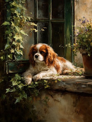 Cavalier King Charles-spaniël bij het raam