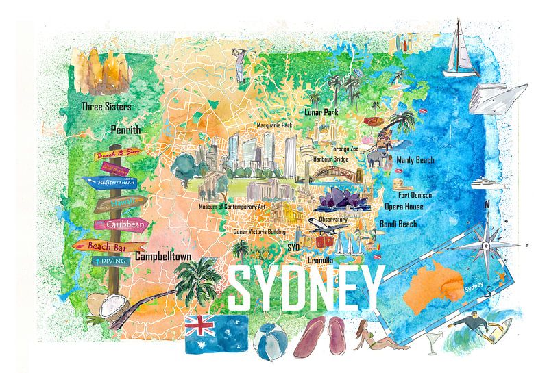 Sydney Australie Carte illustrée avec les principaux points d'intérêt et les points forts des routes par Markus Bleichner