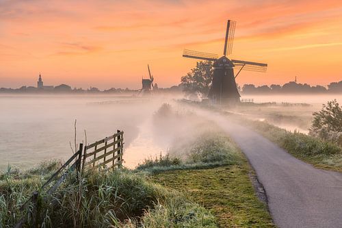 Molens in de mist tijdens zonsopkomst bij Streefkerk