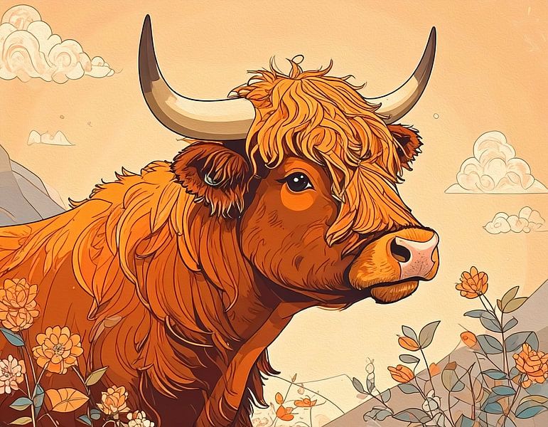 Schotse hooglander gekleurde tekening zijkant van Emiel de Lange