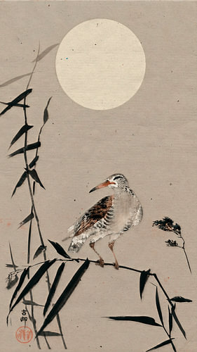 Traditional Japanese print of a bird (Black Horseman) on sand-coloured bamboo