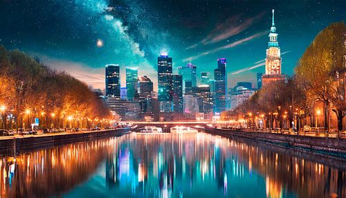 Stad bij nacht met reflectie