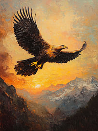 Adler über Bergen bei goldenem Sonnenuntergang – Gemälde von Eva Lee