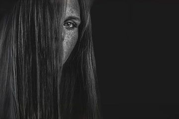 Mysterieuze Zwart-Wit Foto van Vrouw met Sproeten - Tijdloze Schoonheid en Intrige van Elianne van Turennout