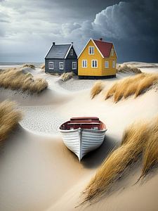 Dünenlandschaft Häuser Boot Sand  Gras Himmel Hügel