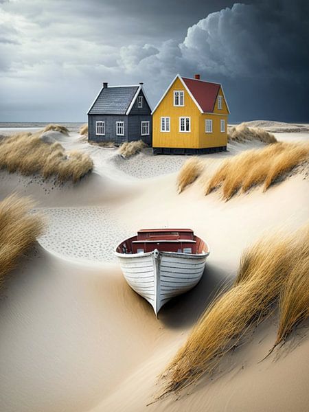 Duinlandschap Huizen Boot Zand Gras Hemel Heuvels van gm_designs