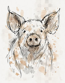 Aquarell-Schwein – Skizzenstil mit Braun- und Grautönen von Emiel de Lange