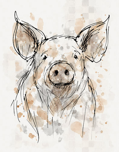 Cochon à l'aquarelle - croquis dans des tons de brun et de gris