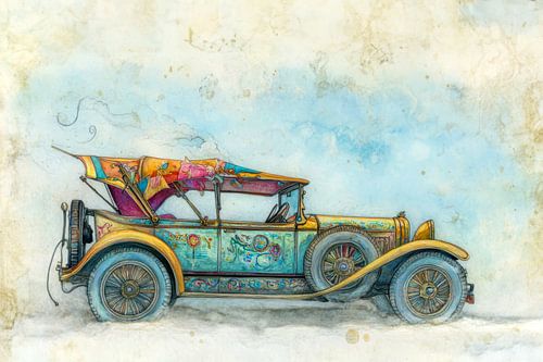 Colourful drawing of a vintage convertible 