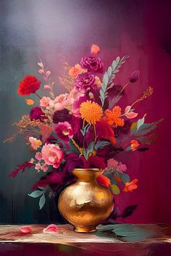 Sfeervol klassiek stilleven: Gouden Vaas met kleurrijk boeket van Studio Pieternel