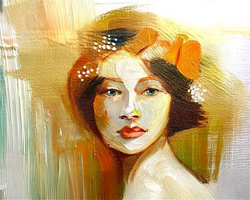 Abstract portret van een Vrouw in Goud, Oranje  en Bruin. van Studio Pieternel