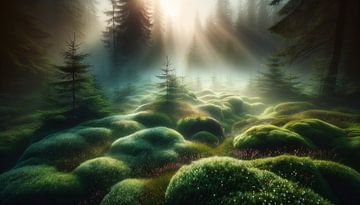 Magical morning sun kisses dewy forest by artefacti