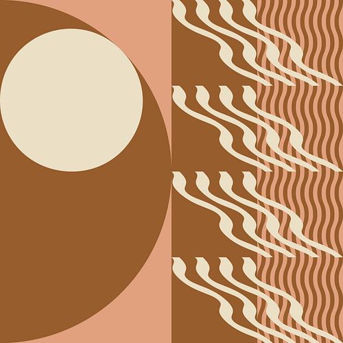 Mid century Bauhaus-vormen in koraal, bruin, wit