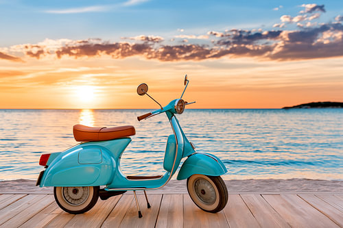Une Vespa près de la plage au coucher du soleil sur Cafe Noir