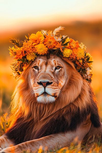 Majestic lion with floral wreath by Poster Art Shop