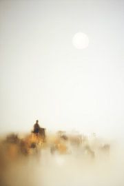 Minimalist Landscape in Mist with Silhouette and Sun