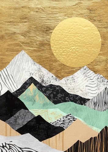 Paysage de montagne boho avec feuille d'or