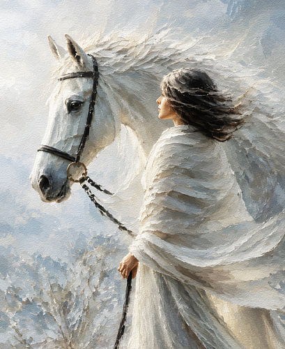 Le vent et le cheval blanc – Portrait équestre texturé