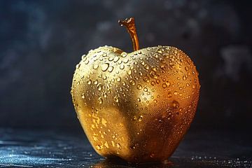 Gouden appel met glinsterende waterdruppels op donkere achtergrond van De Muurdecoratie