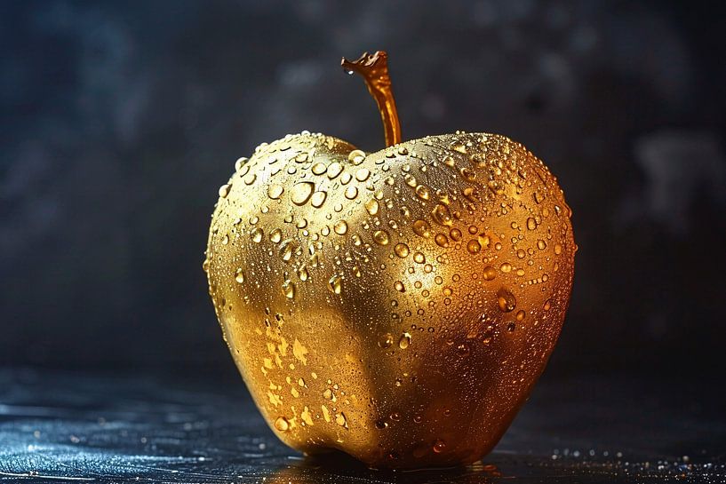 Gouden appel met glinsterende waterdruppels op donkere achtergrond van Art & Soul Creations