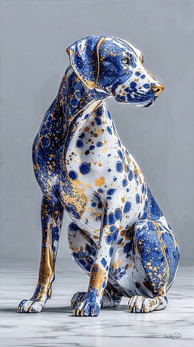 hond in delfts blauw en goud op een wit marmeren achtergrond