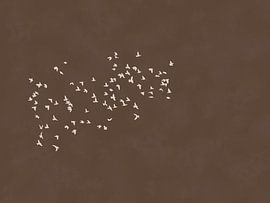 Horizontal Japandi Flock of Birds with Chocolate Brown Background by Daring Dutch Designers