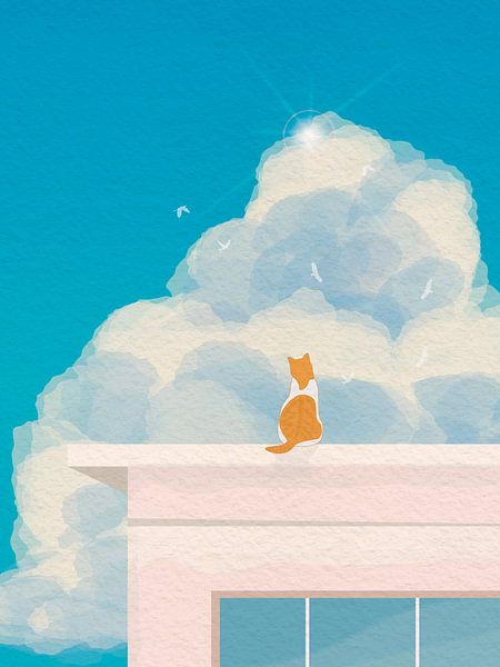 Minimal art of cat on top of building with view by RickyAP