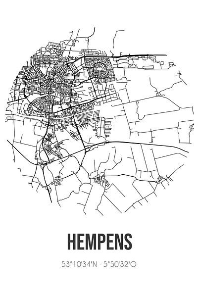 Hempens (Fryslan) | Karte | Schwarz und Weiß von Ortsdrucke