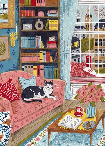 Kat op de bank in Londen pastel kleuren van Caroline Bonne Müller