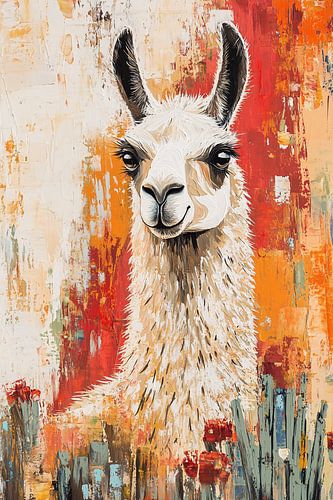 Kleurrijk schilderij van een lama