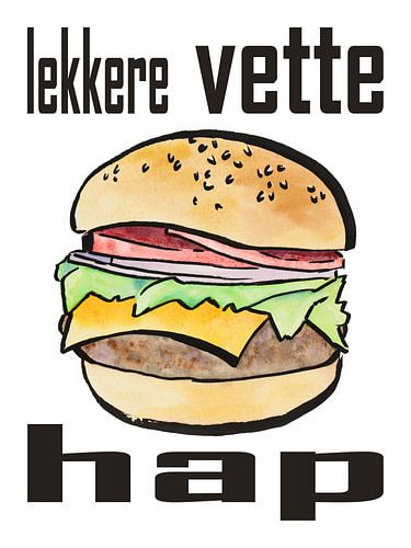 Lekkere vette hap (realistisch aquarel schilderij vlees voedsel kaas brood snackbar fastfood lekker)