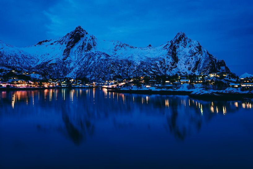 Svolvaer nighttime view over the town and snowy mountains by Sjoerd van der Wal Photography