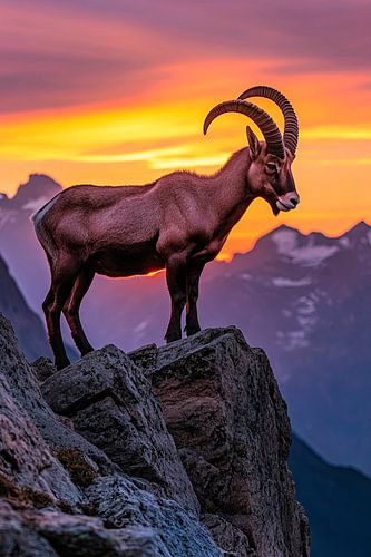 Majestueuze steenbok bij zonsondergang
