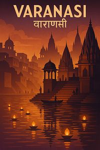 Varanasi Ghats Vintage Poster - Ganga Aarti & Spirituelle Fluss Kunst