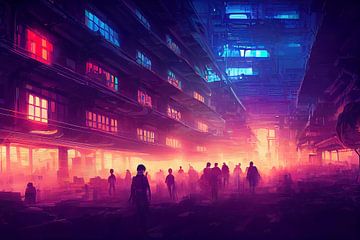 Arbeiders onderweg naar werk in Neo-Megacity van Josh Dreams Sci-Fi