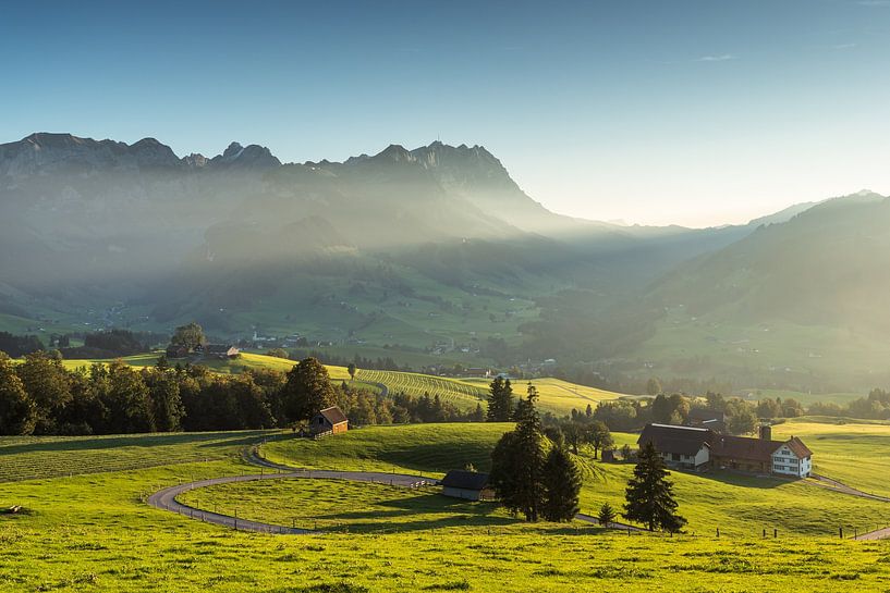 Alpstein mountains in the last light of the evening sun by Conny Pokorny