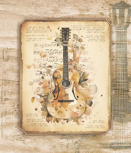 Gitaar. Vintage kunst in antieke stijl voor gitaristen & gitaarmuziek fans