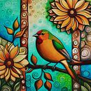 Brightly colored little bird on a branch by Jan Keteleer (JanKé): A Journey Beyond the Canvas thumbnail